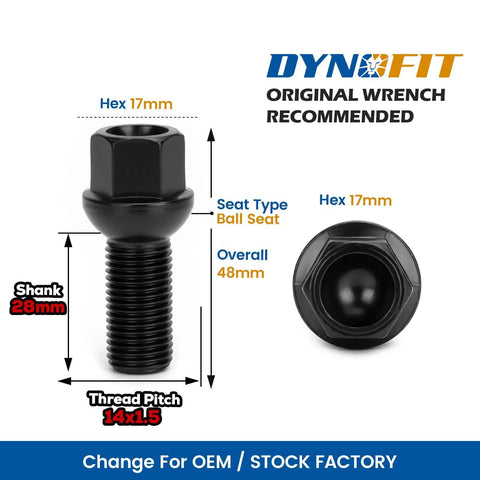 M14x1.5 Lug Bolts Set For Audi And Volkswagen OEM Rims 20 Pieces 28mm Shank 48mm Length 17mm Hex R12 Ball Seat Black Finish