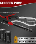 Battery Powered Gas Transfer Pump With 3 Ft Hose And Flow Control Nozzle Delivers 2.2 GPM showing dimensions and battery types
