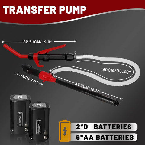 Battery Powered Gas Transfer Pump With 3 Ft Hose And Flow Control Nozzle Delivers 2.2 GPM showing dimensions and battery types