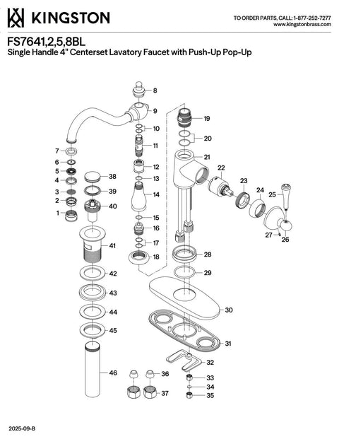 Old School Vintage Style Single Handle Lavatory Faucet With Push Pop Up Drain Plate Polished Chrome exploded parts diagram.