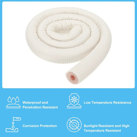 White and pink insulation foam tube for pipes and mini split lines, half inch inner diameter, nine millimeter wall, one meter length displayed.