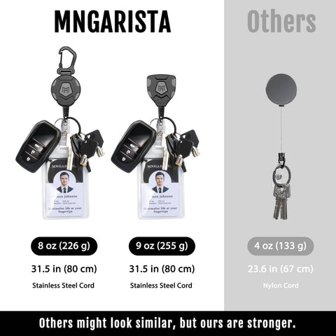 Heavy Duty Retractable Keychain With Belt Clip Or Carabiner, 9 Oz Retraction, 31.5 Inch Steel Cable, Tactical ID Badge Reel shown with keys and ID badges