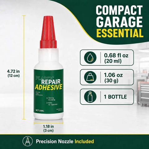 High Strength Auto Bumper Repair Adhesive Quick Cure Formula in 20ml bottle with precision nozzle for quick repairs.