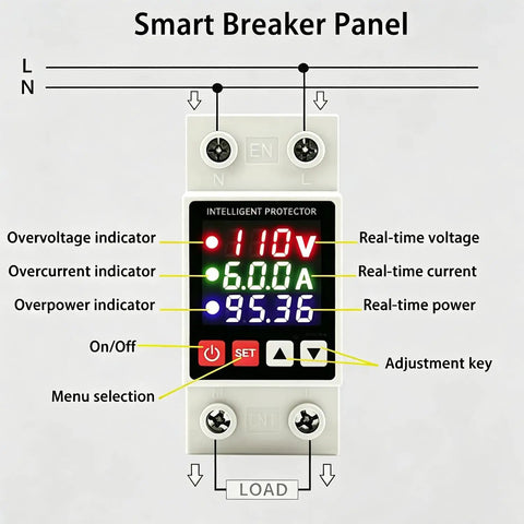 Badass Smart Circuit Breaker Adjustable Voltage Protector 110V 63A High Current Capacity with LCD panel and indicators.