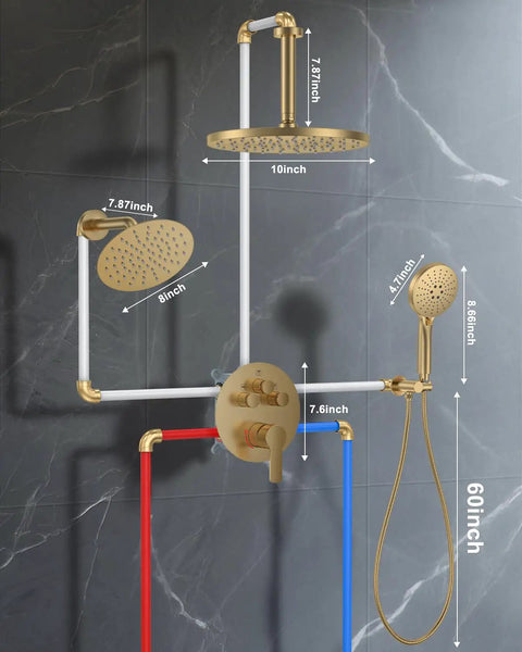 Brushed Gold Shower System With Dual 10 Inch Ceiling Rain Heads And Pressure Balance Valve Includes Multi Function Handheld Sprayer Plus Push Button Diverter For Zero Drama Bathroom Refresh
