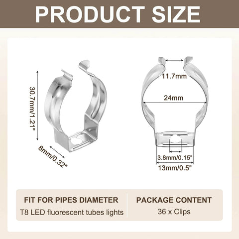 Dimensions of Easy Install T8 U Clip Light Fixture Holder Set Steel Pipe Clamps in silver tone for LED tubes, pack of 36.