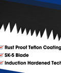 Close-up of 16 Inch Universal Handsaw With Non Slip Ergonomic Handle Anti Rust SK5 Steel Blade With Black Teflon Coating