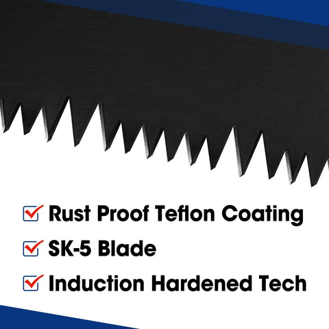 Close-up of 16 Inch Universal Handsaw With Non Slip Ergonomic Handle Anti Rust SK5 Steel Blade With Black Teflon Coating