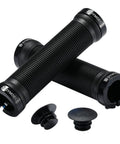 Bike Handlebar Grips Dual Lock-On Clamps, Grippy Ergonomic Rubber and Aluminum Alloy MTB BMX Downhill Grip, shown with end caps.