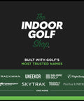 The Indoor Golf Shop logo with partner brand names including Trackman, Uneekor, Flightscope, and more.