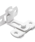 Four Pack Matte White 90 Degree Flip Barn Door Lock Latches Tough As Nails Heavy Duty Stainless Steel Gate Latch, close-up view.