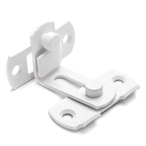 Four Pack Matte White 90 Degree Flip Barn Door Lock Latches Tough As Nails Heavy Duty Stainless Steel Gate Latch, close-up view.