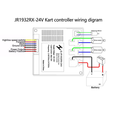 Diagram of 24V JR1932RX Remote Control Box for Power Wheels Ride On Toys High Power Receiver Pro Grade Upgrade Kit wiring setup.