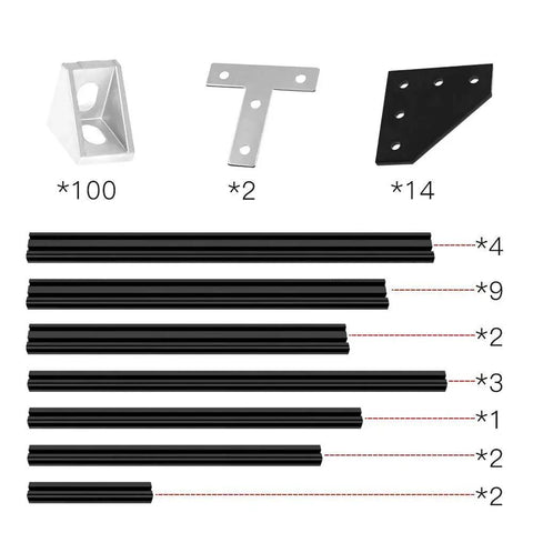 Beefy Black Aluminum 2040 Extrusion Profile Kit For Blv Mgn Cube 3D Printer Frame including bars and mounts for DIY projects.
