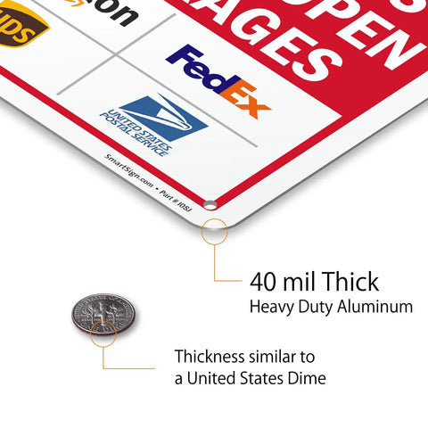 Keep Those Paws Off My Porch Package Drop Off Gate Sign With Major Courier Logos 10 By 7 Inch Rust Proof Laminated Aluminum notice showing thickness comparison.