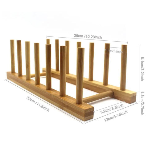Slick Countertop Space Saver Bamboo Dish Rack And Vertical Plate Lid Organizer Holds six vertical slots for plates and cups.