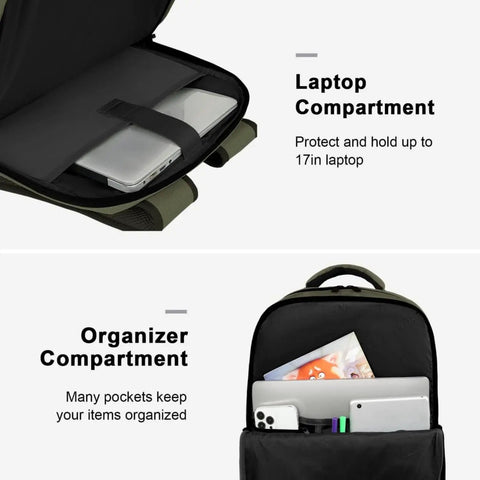 Carry On Travel Laptop Backpack For Airlines Personal Item With Shoe Compartment Water Resistant Weekender Overnight Bag That Fits A 17 Inch Laptop Under Seat Green showing open compartments.