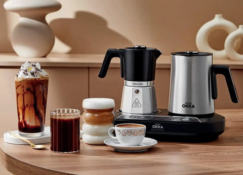 Dope All In One Turkish Coffee And Moka Pot With Milk Frother, Dual Brew Machine, chrome finish, displayed on a kitchen countertop