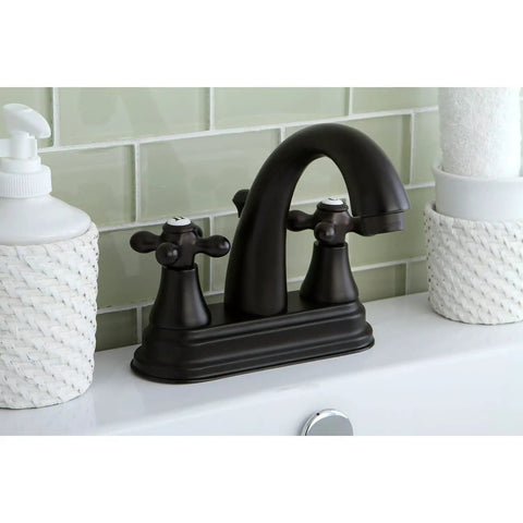 Old School English Vintage Center Set Lavatory Faucet In Brushed Nickel with Two Handle Drip Free Ceramic Cartridge, installed in bathroom