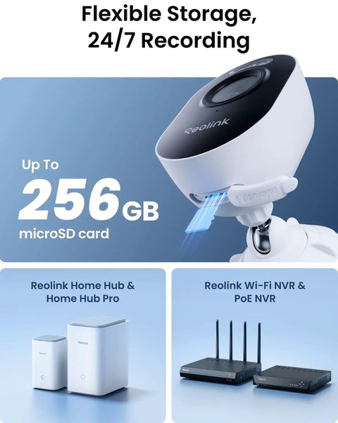 Lumus 2K Wireless Outdoor Security Camera With Spotlight Color Night Vision Upgraded 4MP Dual Band WiFi Plug In Camera shown with storage options including 256GB microSD, Home Hub, and NVR devices.