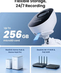 Lumus Outdoor Security Camera With 2K Color Night Vision Spotlight showing 256GB microSD support and accessories.