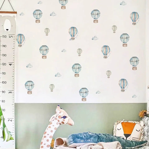 Boy Room Wall Decals Peel And Stick Watercolor Blue Hot Air Balloon And Clouds Wall Sticker on nursery wall