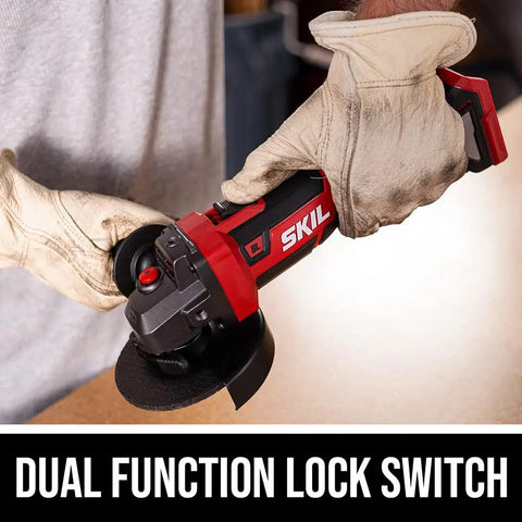 Person holding PWR CORE 20 Brushless 20V 4 And A Half Inch Angle Grinder Kit with dual function lock switch