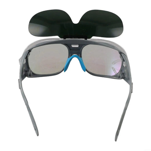 Heavy Duty Wrap Around Safety Glasses For Welding And Grinding With Impact Resistant Polycarbonate Lenses viewed from front with adjustable legs.