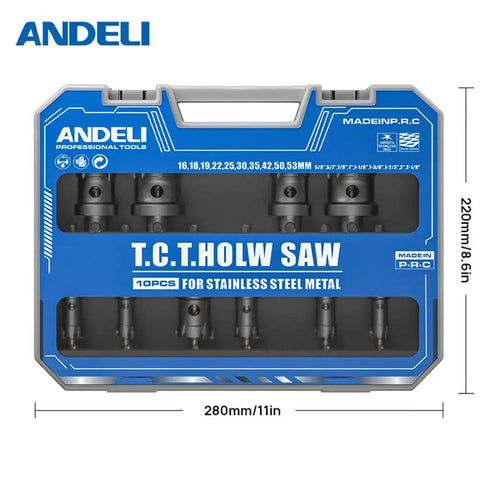 Crush Any Metal Or Wood Cutting Task With This 15 Piece TCT Hole Saw Set Featuring Boss Level Tungsten Carbide Blades Covering 5 8 To 2 3 32 Inch Ranges Built Like A Tank For Fast Precise Results Every Time with 10 PCS TCT hole saws for stainless steel in storage case.
