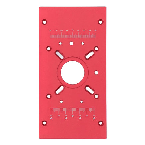 Top Shelf Aluminum Alloy Router Table Insert Plate With Wicked Smooth Lift System And Two Swap Ready Rings For Garage Woodworking Benches Shop Badass Heavy Duty Router Base Board Accessory Sharp Red Finish, viewed from the front with ruler engraving.