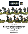 German WWII 28mm Bolt Action Infantry Miniatures Set, plastic figures displayed on grass bases, featuring soldiers with weapons.