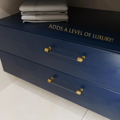 Brass And Clear Acrylic Kitchen Cabinet Pulls 7 Inch Center To Center Hole 4 Pack Gold And Clear Elegant Drawer Handles installed on blue dresser