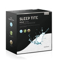 Box of Sleep Tite Prime Terry Mattress Protector, showcasing product details with water splash graphic on black background.