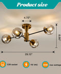 Modern Four Light Gold Glass Globe Ceiling Light Fixture Mid Century Semi Flush Mount with dimensions