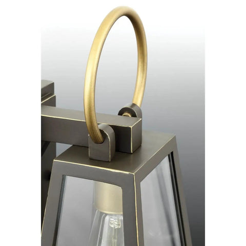 Close-up of Barnett Outdoor One Light Wall Lantern in Antique Bronze Finish with clear glass and handle detail
