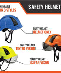 Three safety helmets in blue, orange, and yellow, each with adjustable vents and visors. Fall Protection Safety Helmet For Construction With Adjustable Vents And Clear Visor Lightweight Hard Hat With Comfortable Headband And Chin Strap One Size Fits Most Durable PPE For Job Sites.