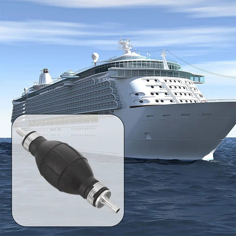 Two Pack Manual Hand Fuel Pump 6mm Liquid Transfer Siphon For Gasoline And Diesel Can Pump Durable Lightweight Portable For Cars Boats Marine Grab And Go Outdoor Use Ideal For Emergency Fuel Transfers. Hand fuel pump 6mm with bulb and metal fittings shown beside a cruise ship