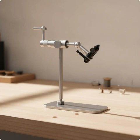 Fly Tying Vise With Adjustable Head And Hardened Steel Hook Jaws, No Slip Bench Tool That Doubles As Fly Tying Workhorse, Silver Finish With Scale For Accurate Measurements For Every Session on wood desk