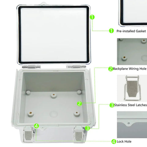Open Outdoor IP67 Electrical Junction Box Weatherproof ABS Plastic Enclosure With Hinged Clear Cover showing interior and features