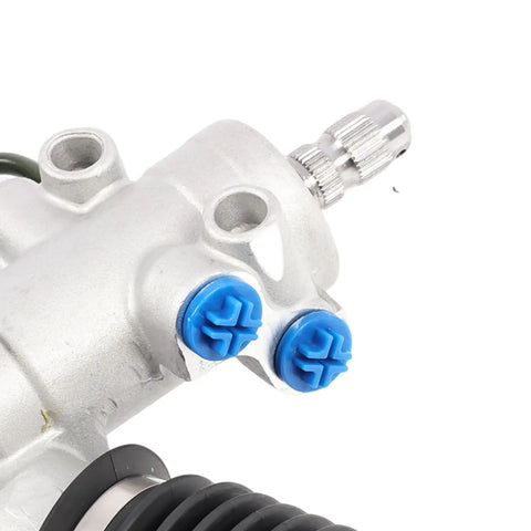 Awesome Power Steering Rack And Pinion For 2001-2003 Toyota Rav4 close-up of alloy housing and blue connectors.