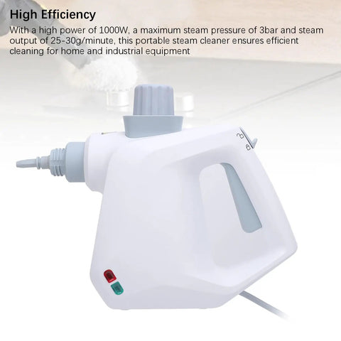 Supercharged Handheld Steam Cleaner Packing 1000W Output And Spacious Tank To Vaporize Grime For Home And Vehicle Detailing With Built In Child Safety Lock And Us Plug Ready Design side view showing nozzle and buttons.