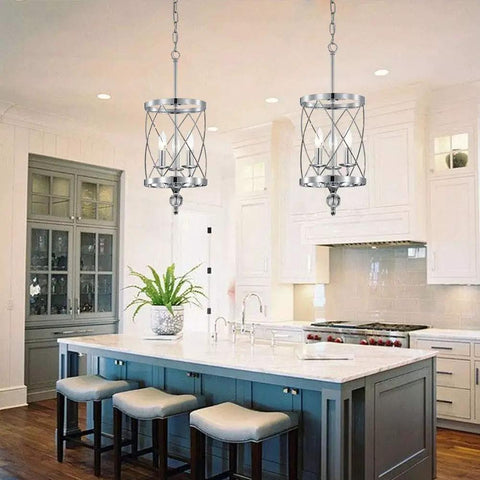 Chandelier Industrial Pendant Light With Chrome Finish, 3 Light Cylinder Metal Shade above kitchen island