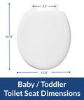 Baby Toilet Seat Toddler Size Fits American Standard And Eljer Toilets Durable Wood White with dimensions labeled