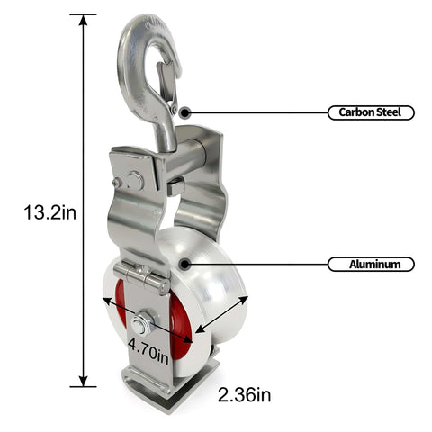 Beefy Heavy Duty Cable Pulley with Dual Mounting Options for Wire Pulling and 1500MCM Cables, showing dimensions and material details