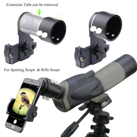 Rifle Scope Smartphone Camera Adapter for Hunting and Training attached to scope, fits 33mm to 46mm eyepiece, easy clip-on phone rig.