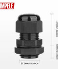 20 Pack Waterproof Nylon Adjustable Cable Glands 1/2 Inch NPT For 6-12mm Cables With Gaskets IP68 Seal Outdoor Indoor Use Built Tough And UV Resistant For Long Term Use shown from the side with measurements
