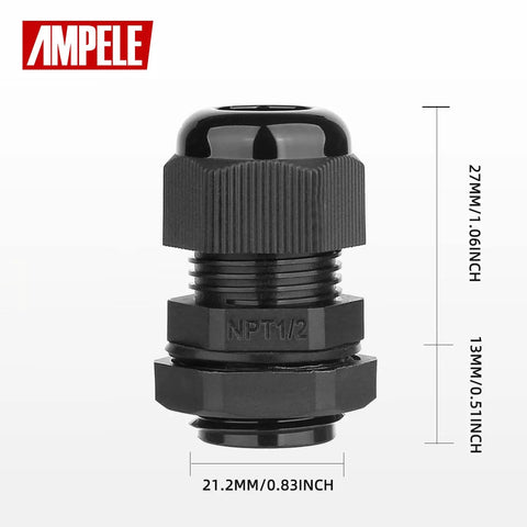 20 Pack Waterproof Nylon Adjustable Cable Glands 1/2 Inch NPT For 6-12mm Cables With Gaskets IP68 Seal Outdoor Indoor Use Built Tough And UV Resistant For Long Term Use shown from the side with measurements