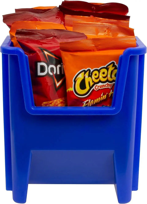 Open Front Stackable Storage Bins For Garage And Home Organization, Heavy Duty Plastic Organizer Set In Blue with snacks