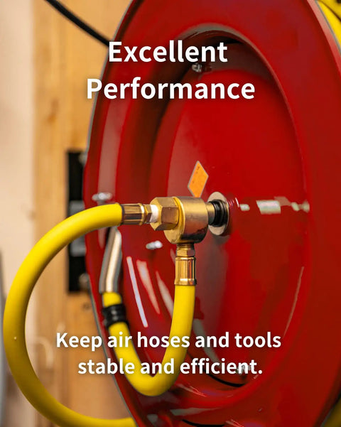 Three Eighths Inch Barb To One Quarter Inch NPT Male Brass Fittings Hose Barb Adapter installed on red reel with yellow hose