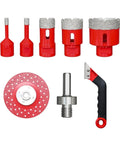 Top Tier 8Pc Diamond Tile Hole Saw Kit With Grout Bit And M14 Adapter For Stone, Tile, Brick Drilling On Angle Grinder Or Power Drill For Tough Home Renovation Jobs This Set Cuts Like A Dream And Never Gets Dull. 8-piece diamond hole saw kit with grout bit, adapter, and grinding disc